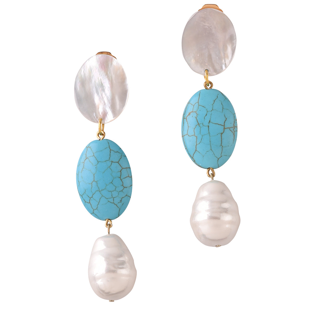 DROP MOTHER OF PEARL FAUX PEARL AND BLUE HOWLITE ACCENT EARRINGS. WHITE WHITE BLUE