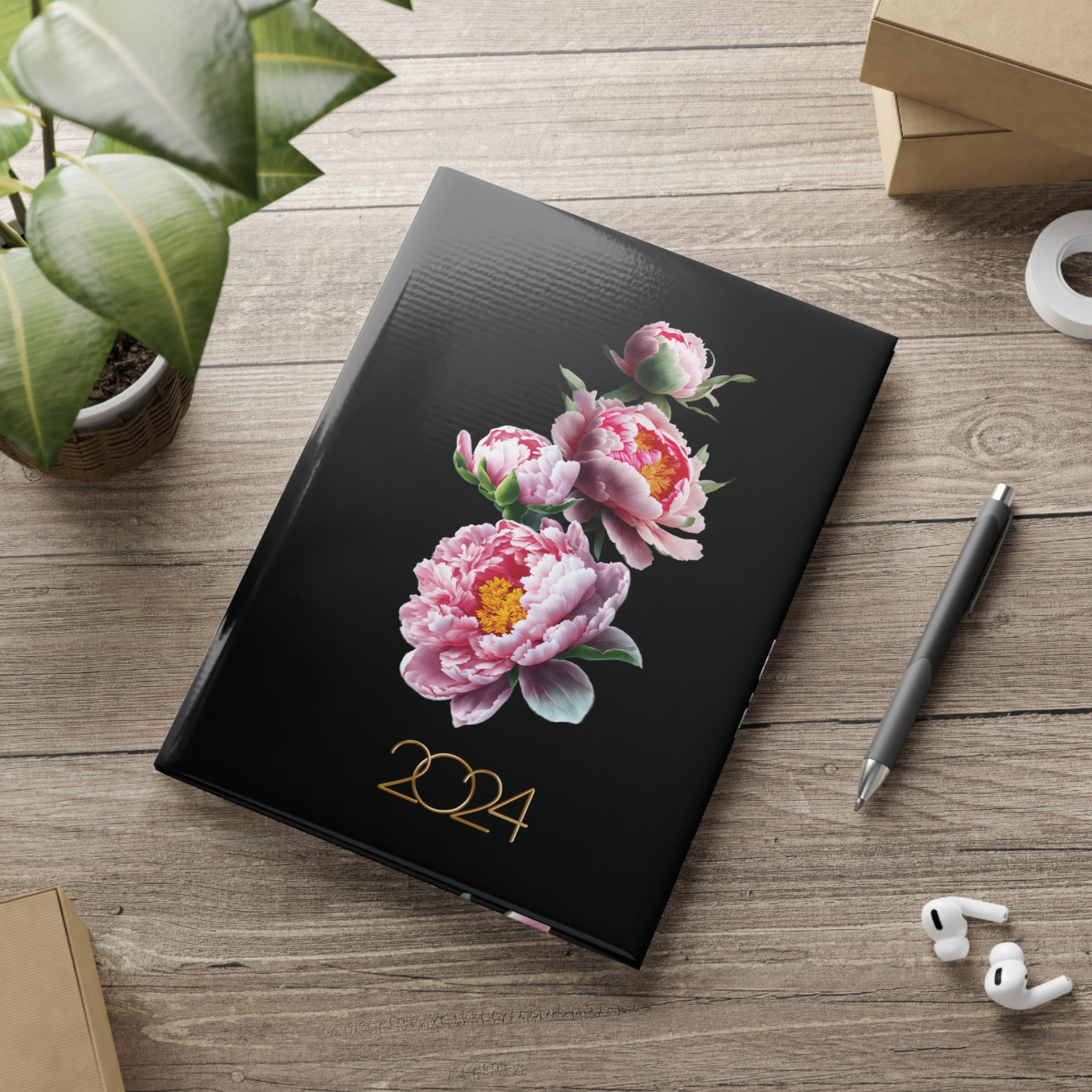 OPULENT BLOOM: 2024 PEONY HARDCOVER NOTEBOOK WITH PUFFY BLACK COVERS