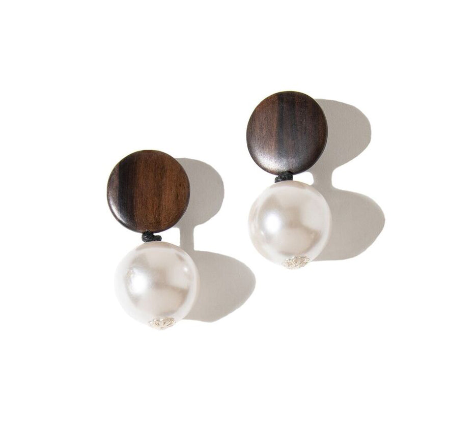DOUBLE DROP WOOD AND FAUX PEARL EARRINGS