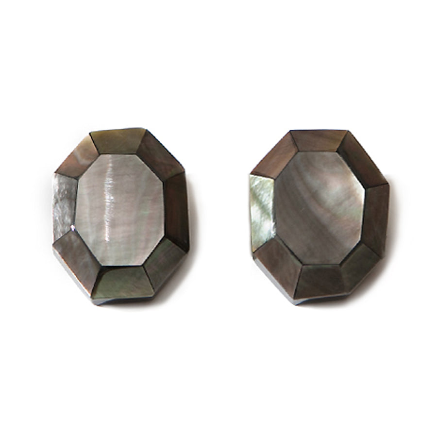 SQUARE BLACK MOP FACETED BUTTON EARRINGS