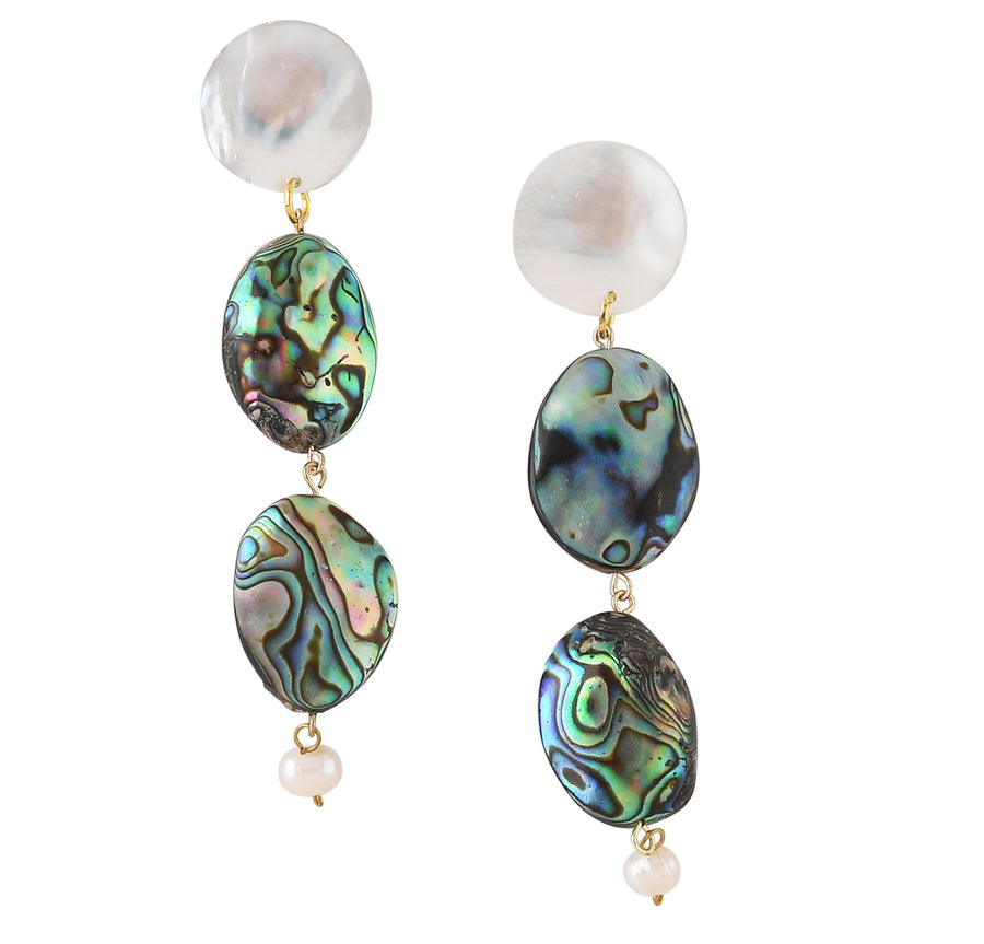 MOTHER-OF PEARL AND ABALONE DANGLE EARRINGS. PEARL WHITE/ABALONE
