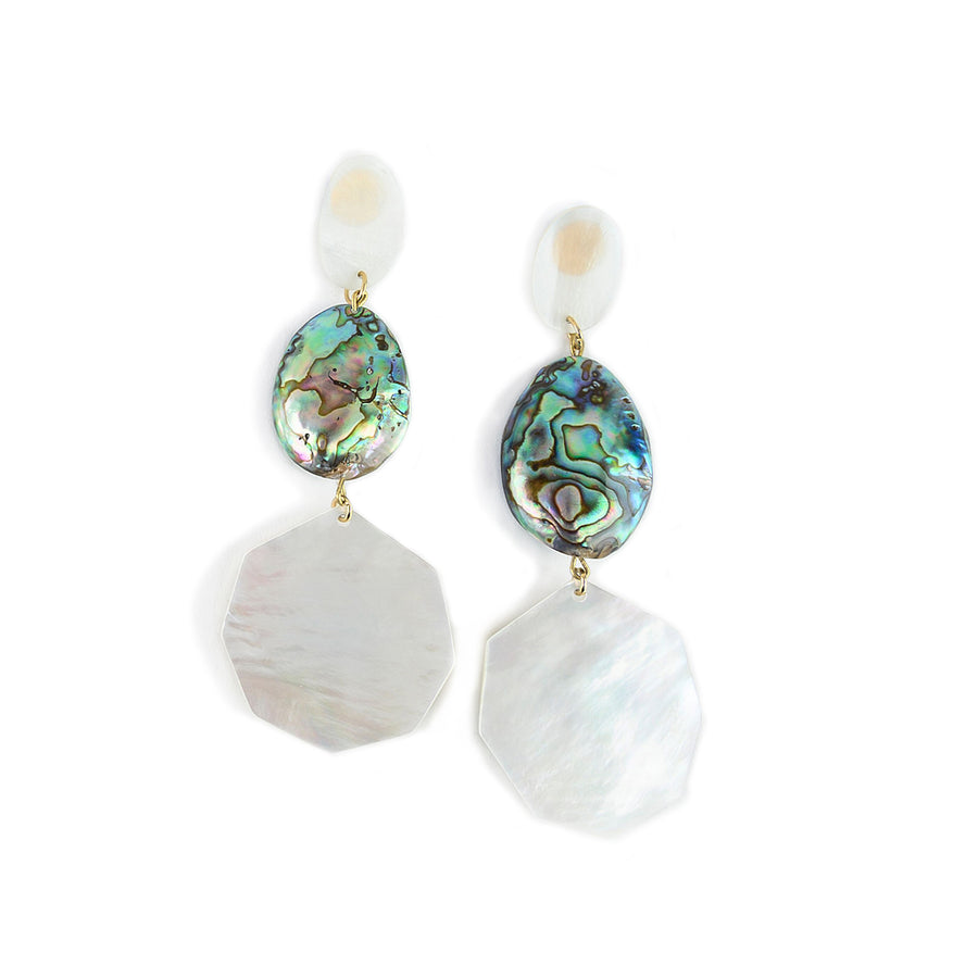 FREEFORM STATEMENT MOTHER-OF-PEARL EARRINGS WITH ABALONE ACCENTS