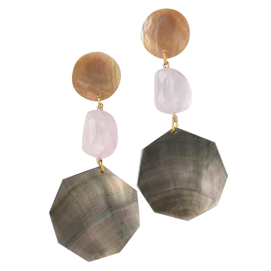 MOTHER-OF PEARL AND GENUINE ROSE QUARTZ STATEMENT EARRINGS. PINKSHELL/PINK/BLACK