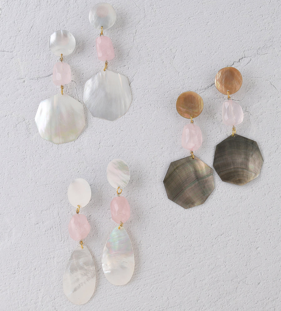 MOTHER-OF PEARL AND GENUINE ROSE QUARTZ DANGLE EARRINGS. PEARL WHITE/PINK