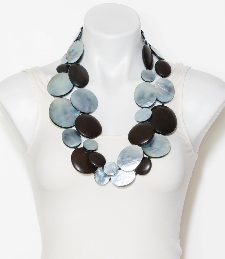 DOUBLE STRAND WOOD AND SHELL STATEMENT NECKLACE
