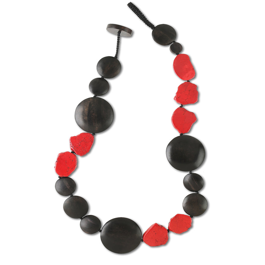 WOOD AND STONE STATEMENT NECKLACE. BROWN/CORAL RED