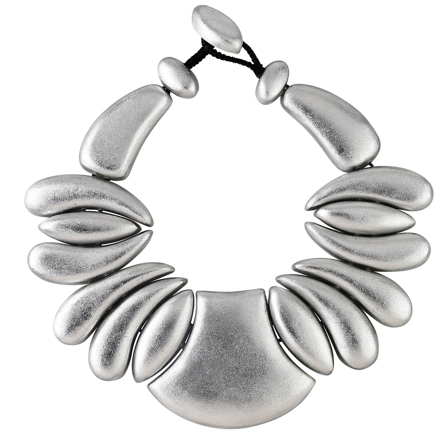 MAYAN PLATE SILVER FOIL NECKLACE. SILVER/BLACK