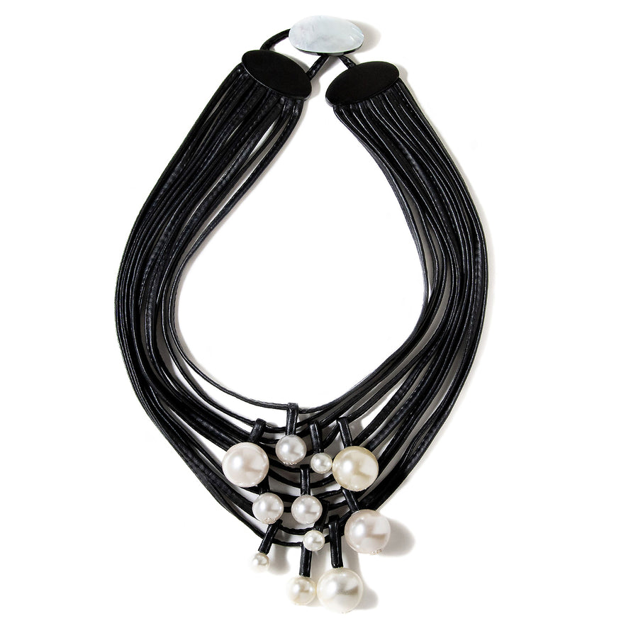 MULTISTRAND LEATHER AND FAUX PEARL NECKLACE