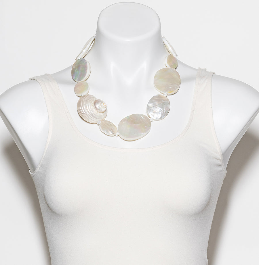 WHITE MOTHER OF PEARL AND TURBO SHELL ACCENT NECKLACE. WHITE MOP