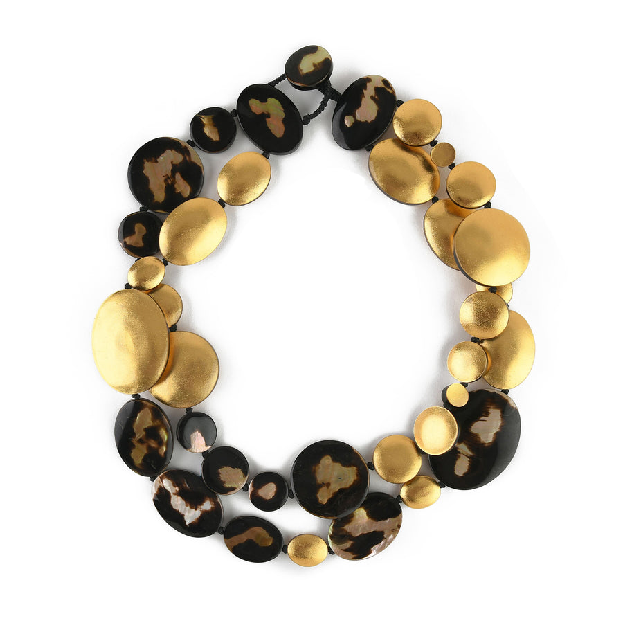 DOUBLE STRAND OVAL AND DISC LEOPARD SHELL/GOLD FOIL NECKLACE LEOPARD SHELL/GOLD FOIL