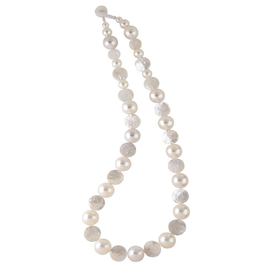 WHITE MOTHER OF PEARL AND FAUX PEARL STATION NECKLACE. WHITE MOP/WHITE