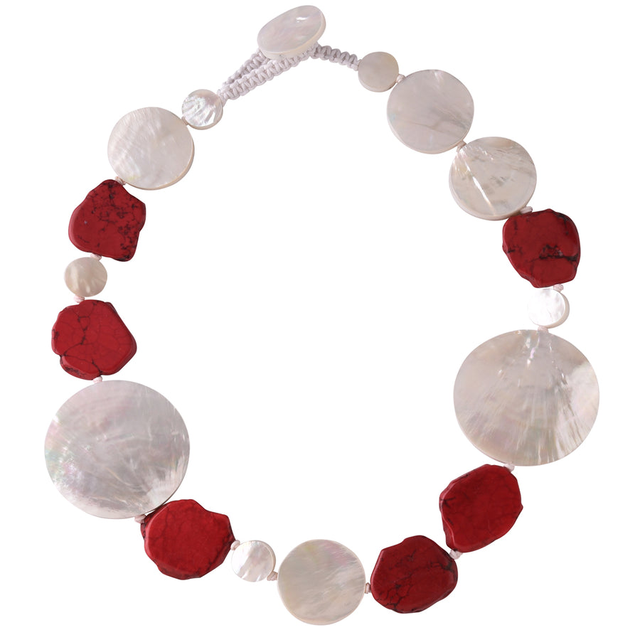WHITE MOP AND CORAL RED HOWLITE ACCENT NECKLACE. CORAL RED/WHITE