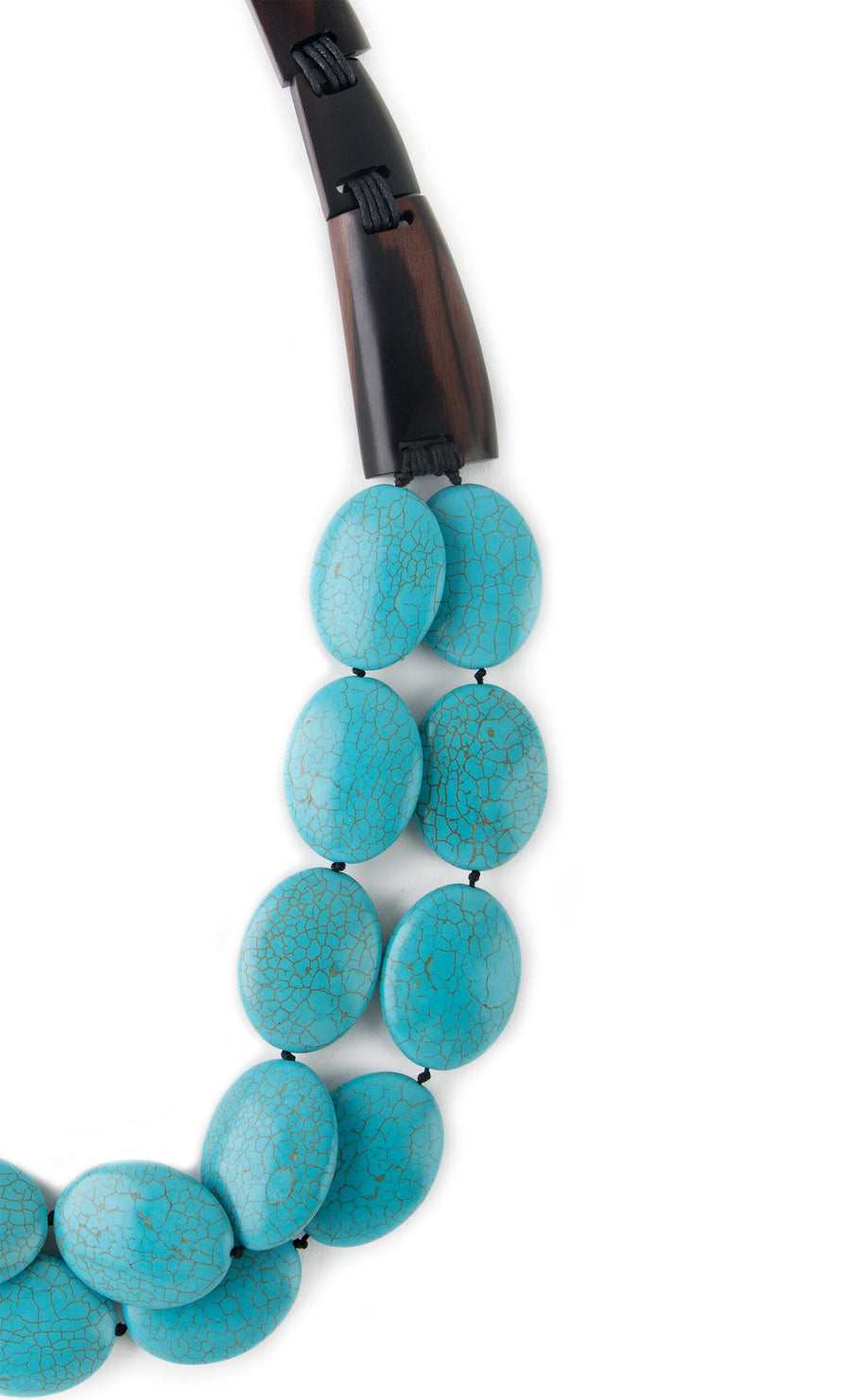 TURQUOISE AND WOOD BAR DRAPE NECKLACE