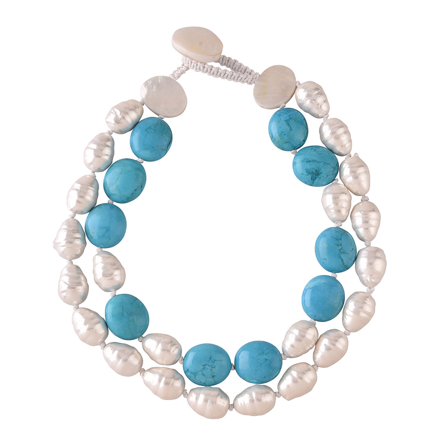DOUBLE STRAND STATEMENT WHITE MOTHER OF PEARL, FAUX PEARL AND TURQUOISE NECKLACE. WHITE MOP/WHITE/BLUE