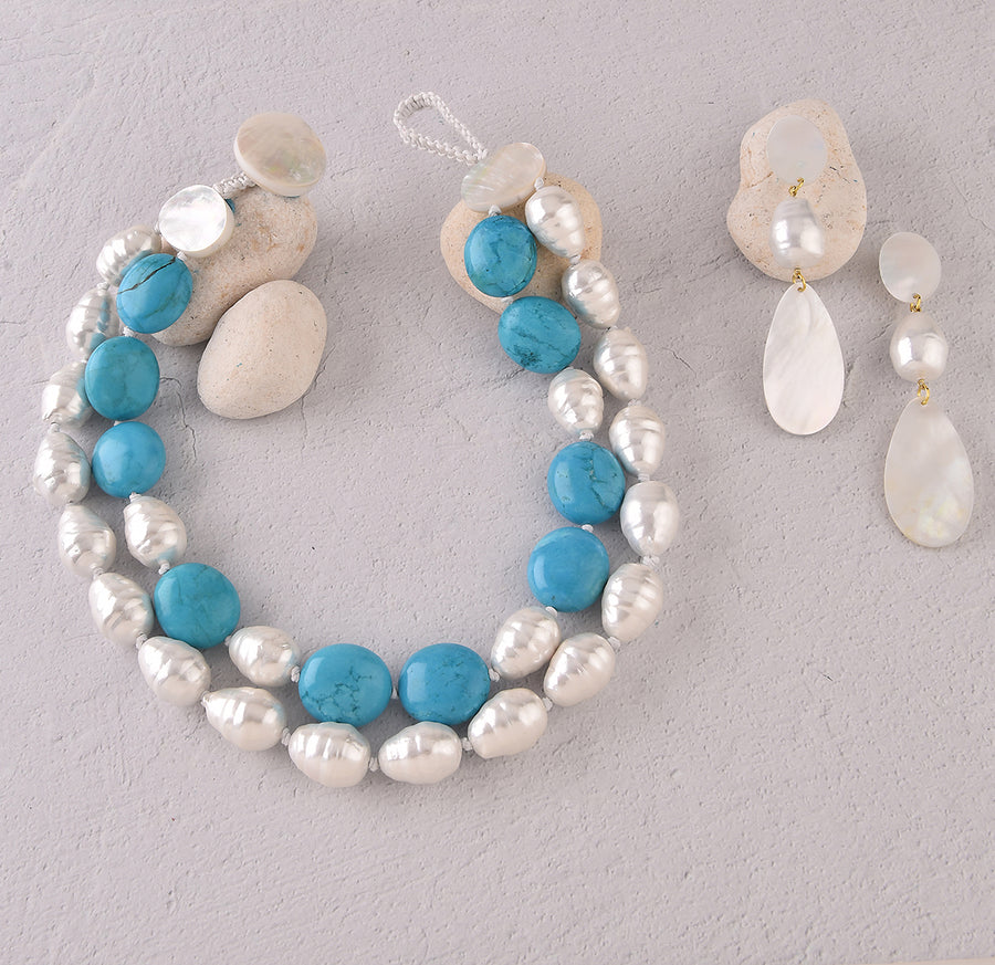 DOUBLE STRAND STATEMENT WHITE MOTHER OF PEARL, FAUX PEARL AND TURQUOISE NECKLACE. WHITE MOP/WHITE/BLUE