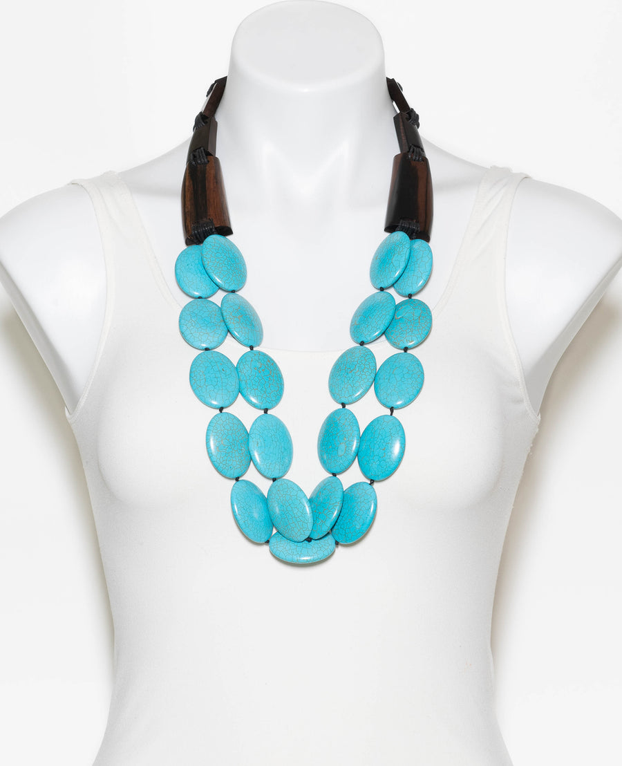 TURQUOISE AND WOOD BAR DRAPE NECKLACE